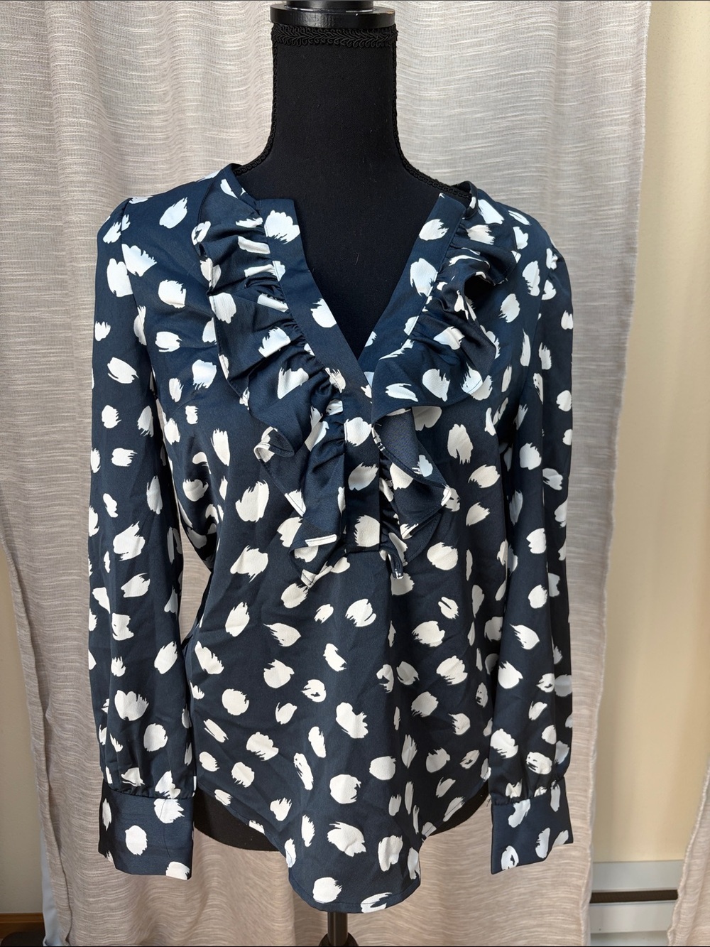 J. Crew Ruffled V-Neck Long-Sleeve Blouse - Navy with White Spot Print